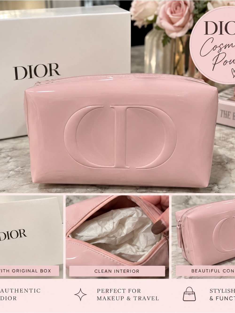 Dior Pink Patent CD Logo Cosmetic Pouch